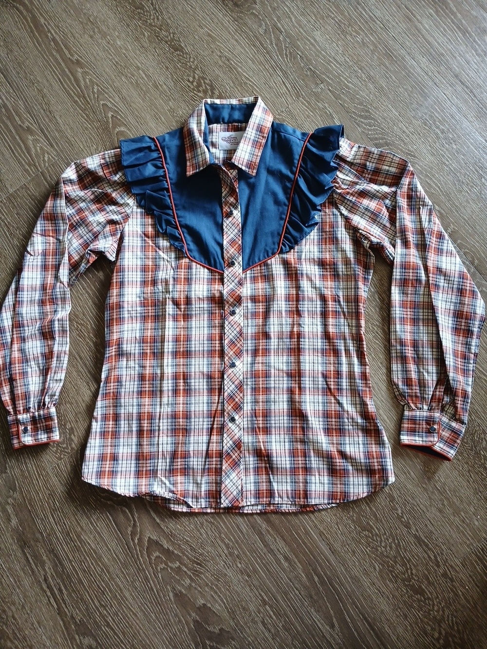 Kenny Rogers Southwestern Plaid Ruffle-Yoke Snap Button-Up Blouse Cowgirl